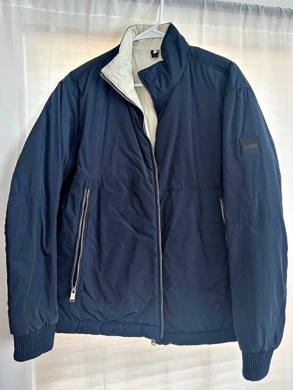 BOSS Water-repellent Reversible Jacket with Logo Badge Reversible Jacket in Blue
